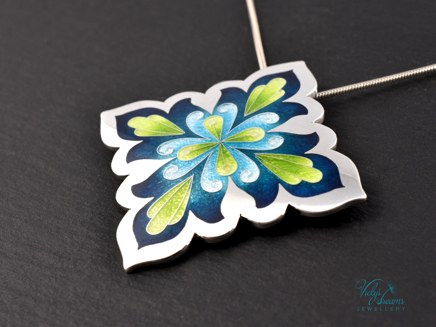 Vibrant Flower Mandala Necklace – Champlevé Enamel in Fine Silver