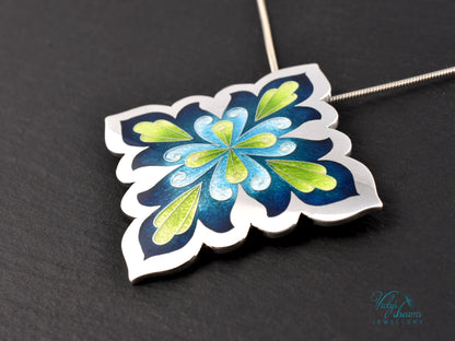 Vibrant Flower Mandala Necklace – Champlevé Enamel in Fine Silver
