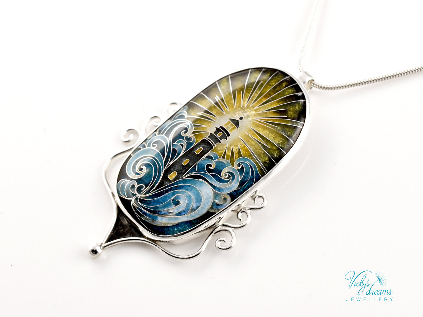 Handmade Cloisonné Enamel Pendant – Lighthouse in Ocean Waves – Symbolic Guiding Light Necklace