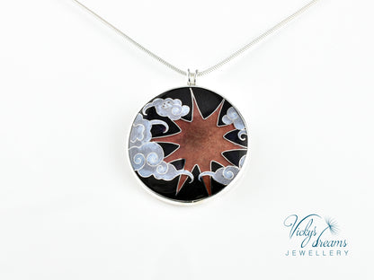 Copper Sun & Clouds, sterling silver necklace, cloisonne enameled jewelry