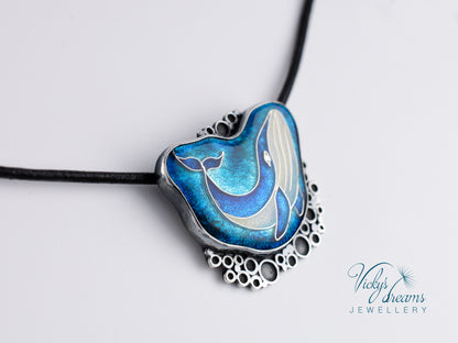 Whale in sea bubbles, sterling silver necklace, cloisonne enameled jewelry