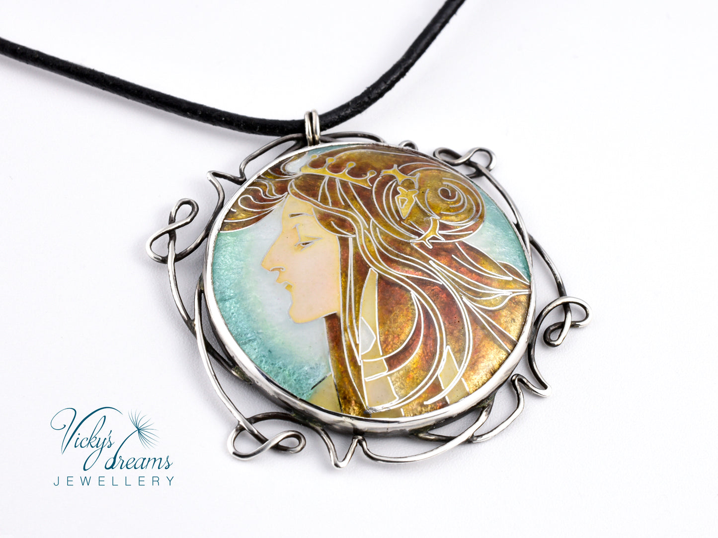 Inspired by Mucha - Cloisonné enamel, silver necklace