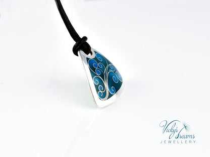 flower tendrills blue triangle, sterling silver pendant, cloisonne enameled jewelry