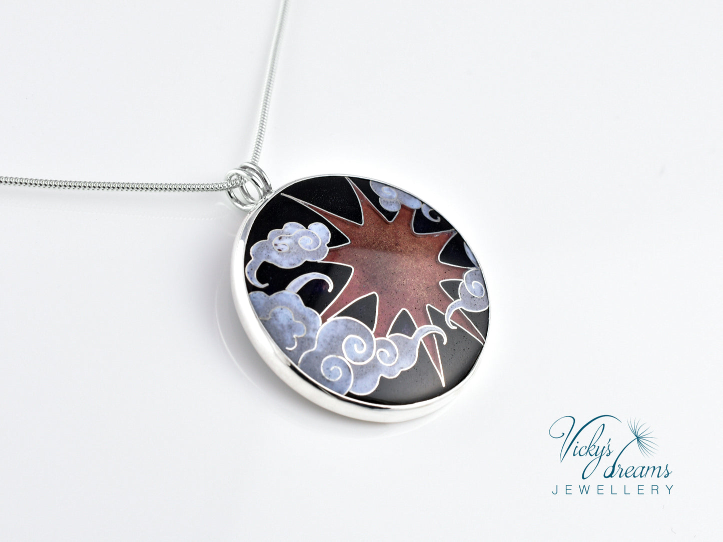 Copper Sun & Clouds, sterling silver necklace, cloisonne enameled jewelry