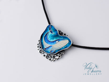 Whale in sea bubbles, sterling silver necklace, cloisonne enameled jewelry