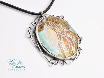 Inspired by Mucha - Cloisonné enamel, silver necklace