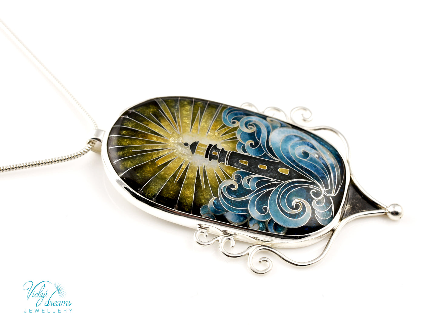 Handmade Cloisonné Enamel Pendant – Lighthouse in Ocean Waves – Symbolic Guiding Light Necklace