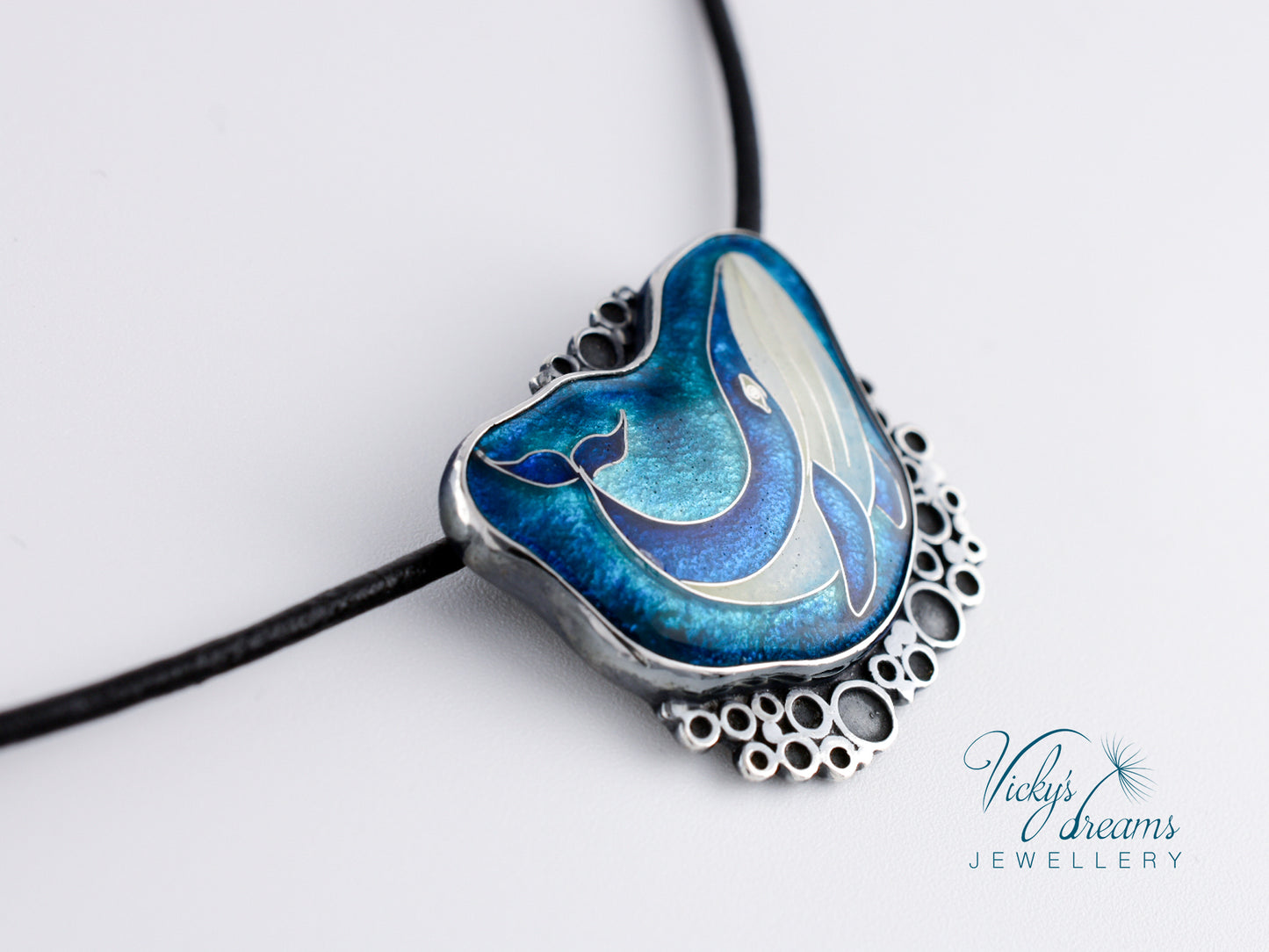 Whale in sea bubbles, sterling silver necklace, cloisonne enameled jewelry