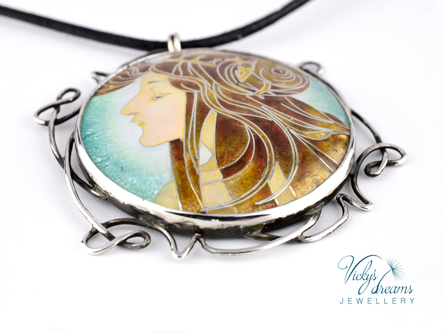 Inspired by Mucha - Cloisonné enamel, silver necklace