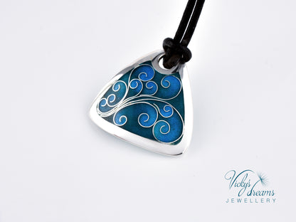 flower tendrills blue triangle, sterling silver pendant, cloisonne enameled jewelry