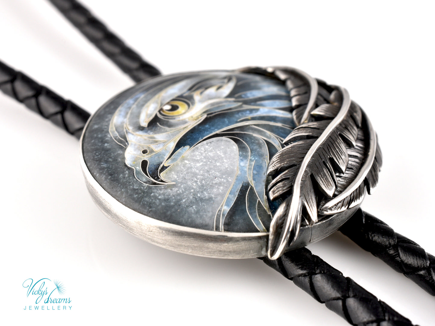 Eagle Spirit Bolo Tie – Cloisonné Enamel in Sterling Silver Feathers