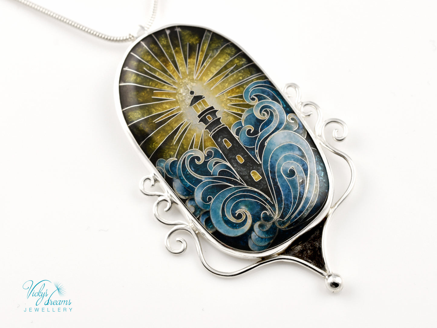 Handmade Cloisonné Enamel Pendant – Lighthouse in Ocean Waves – Symbolic Guiding Light Necklace