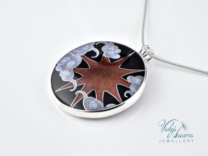 Copper Sun & Clouds, sterling silver necklace, cloisonne enameled jewelry