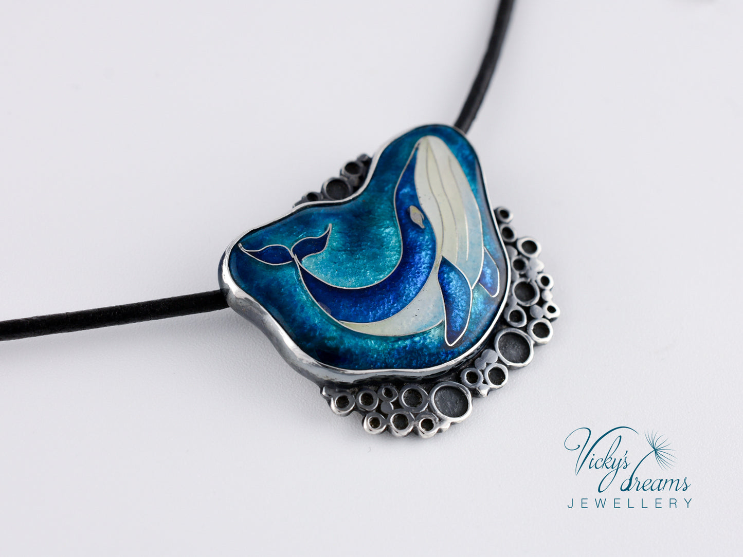 Whale in sea bubbles, sterling silver necklace, cloisonne enameled jewelry