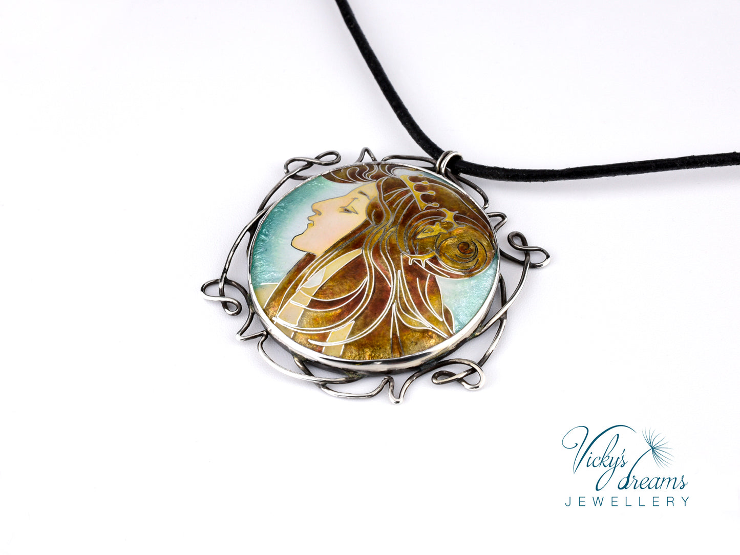 Inspired by Mucha - Cloisonné enamel, silver necklace