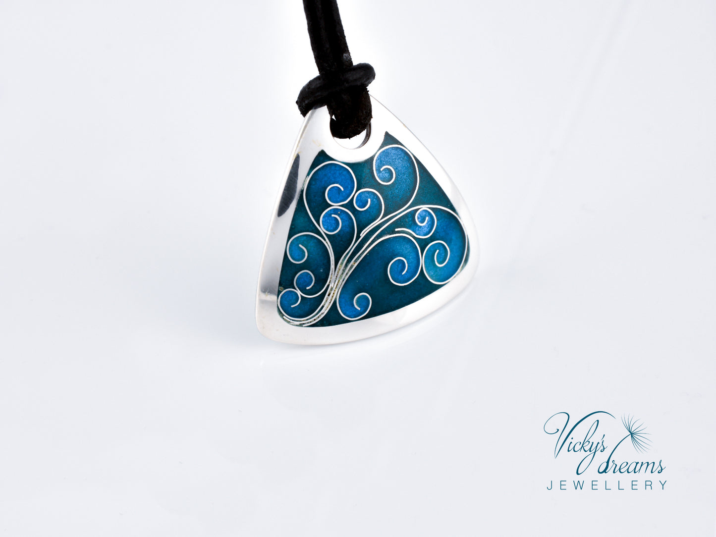 flower tendrills blue triangle, sterling silver pendant, cloisonne enameled jewelry