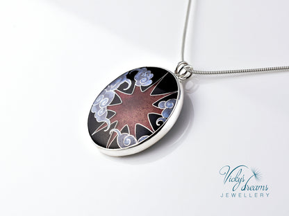 Copper Sun & Clouds, sterling silver necklace, cloisonne enameled jewelry