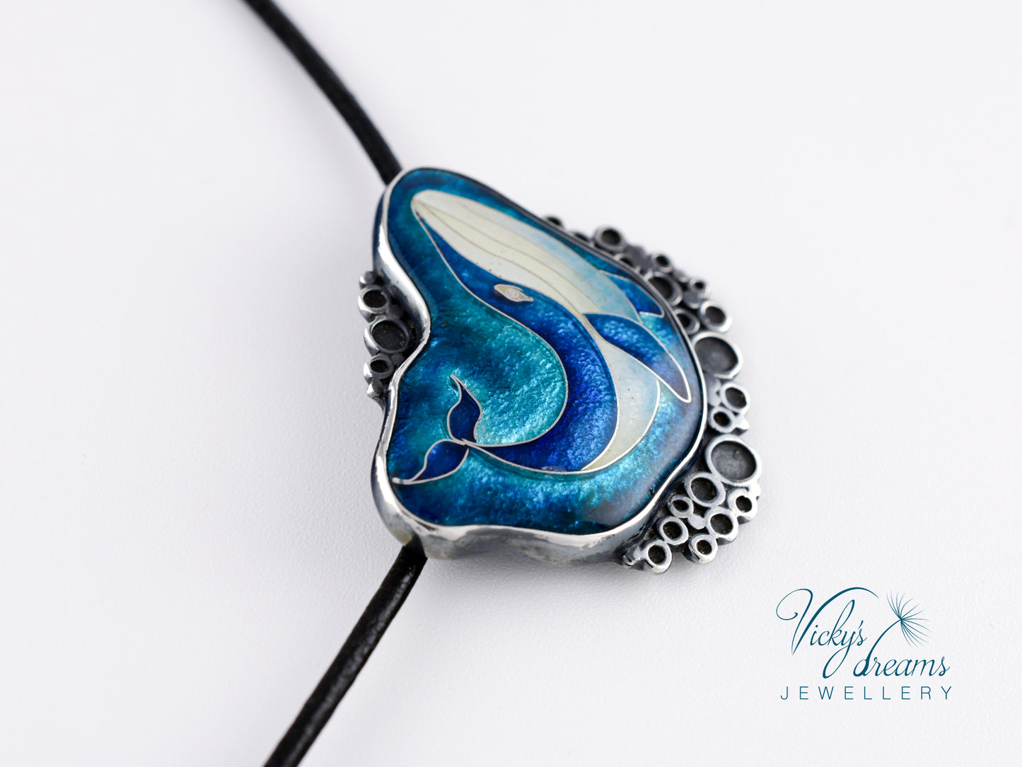 Whale in sea bubbles, sterling silver necklace, cloisonne enameled jewelry