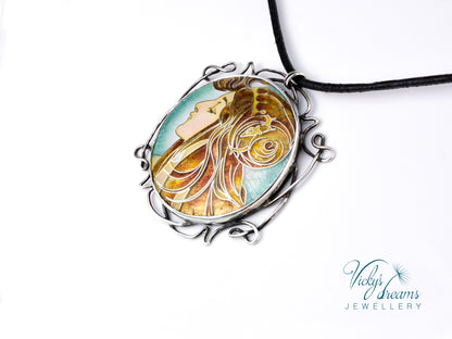 Inspired by Mucha - Cloisonné enamel, silver necklace