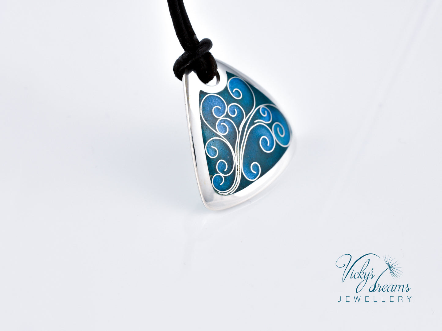 flower tendrills blue triangle, sterling silver pendant, cloisonne enameled jewelry