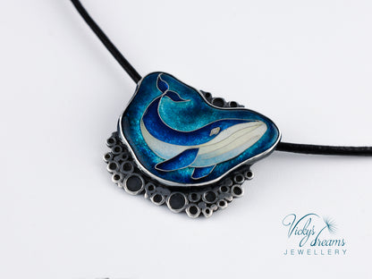 Whale in sea bubbles, sterling silver necklace, cloisonne enameled jewelry