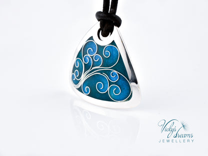 flower tendrills blue triangle, sterling silver pendant, cloisonne enameled jewelry