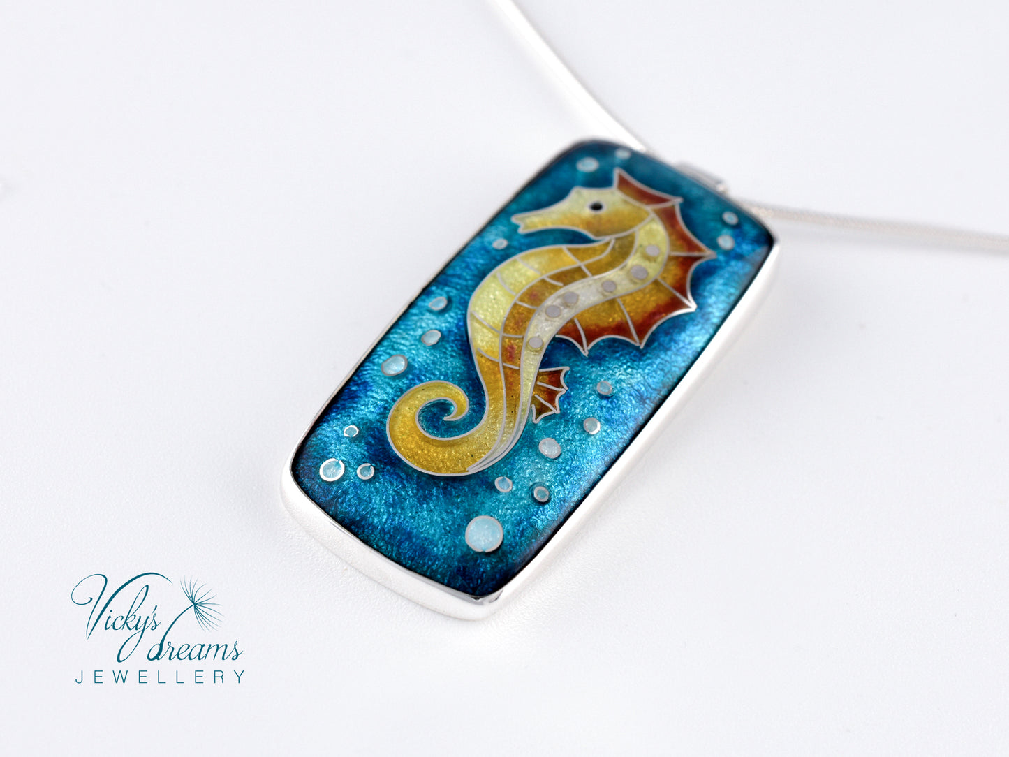 Vibrant colour seahorse, cloisonne enamel, silver necklace