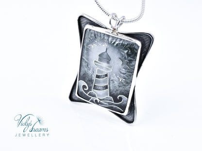 lighthouse sterling silver pendant, cloisonne enamel, hanmade jewelry