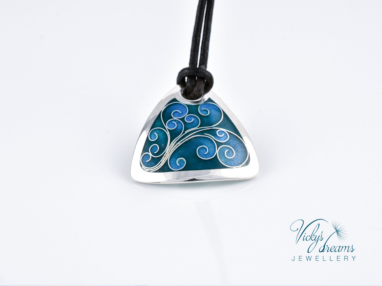 flower tendrills blue triangle, sterling silver pendant, cloisonne enameled jewelry