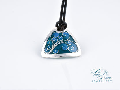 flower tendrills blue triangle, sterling silver pendant, cloisonne enameled jewelry