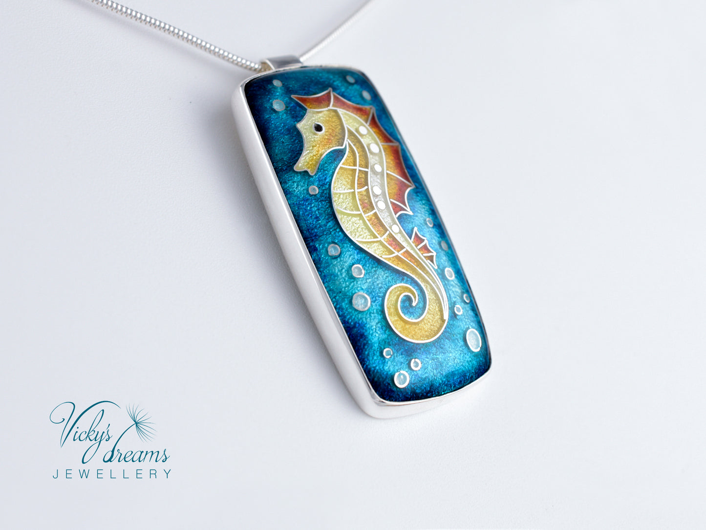 Vibrant colour seahorse, cloisonne enamel, silver necklace