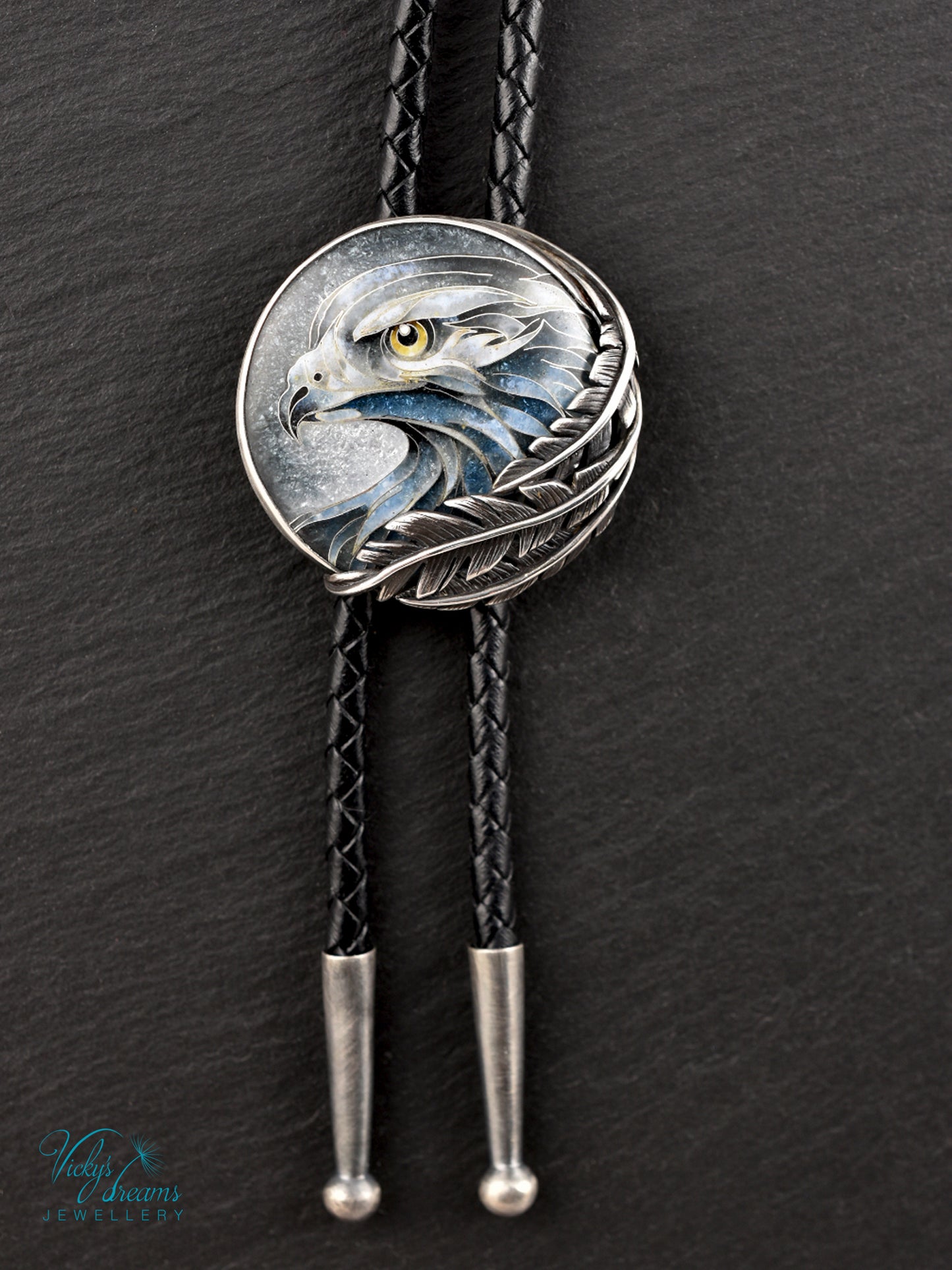 Eagle Spirit Bolo Tie – Cloisonné Enamel in Sterling Silver Feathers