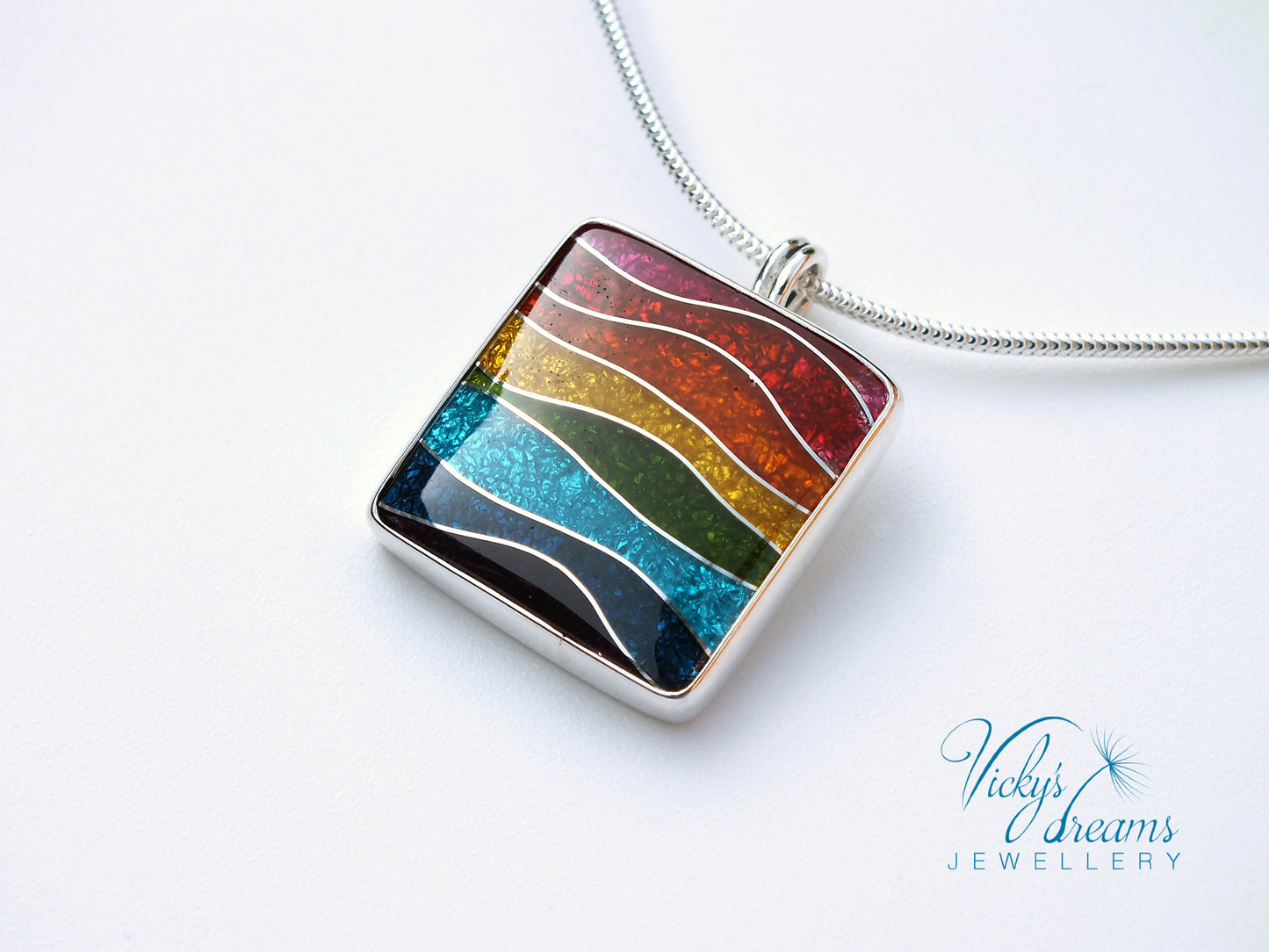 Vibrant color rainbow, sterling silver necklace, cloisonne enameled jewelry