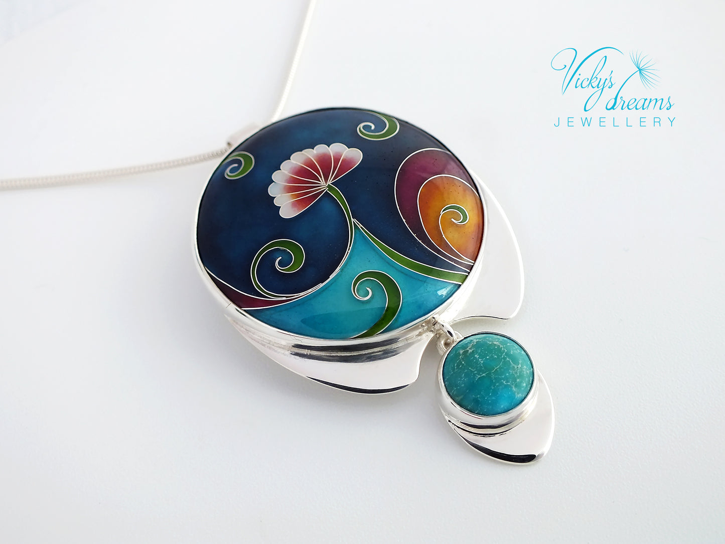 Vibrant color flower and tendrils with natural turquoise, sterling silver pendant, cloisonne enameled jewelry, handmade jewelry