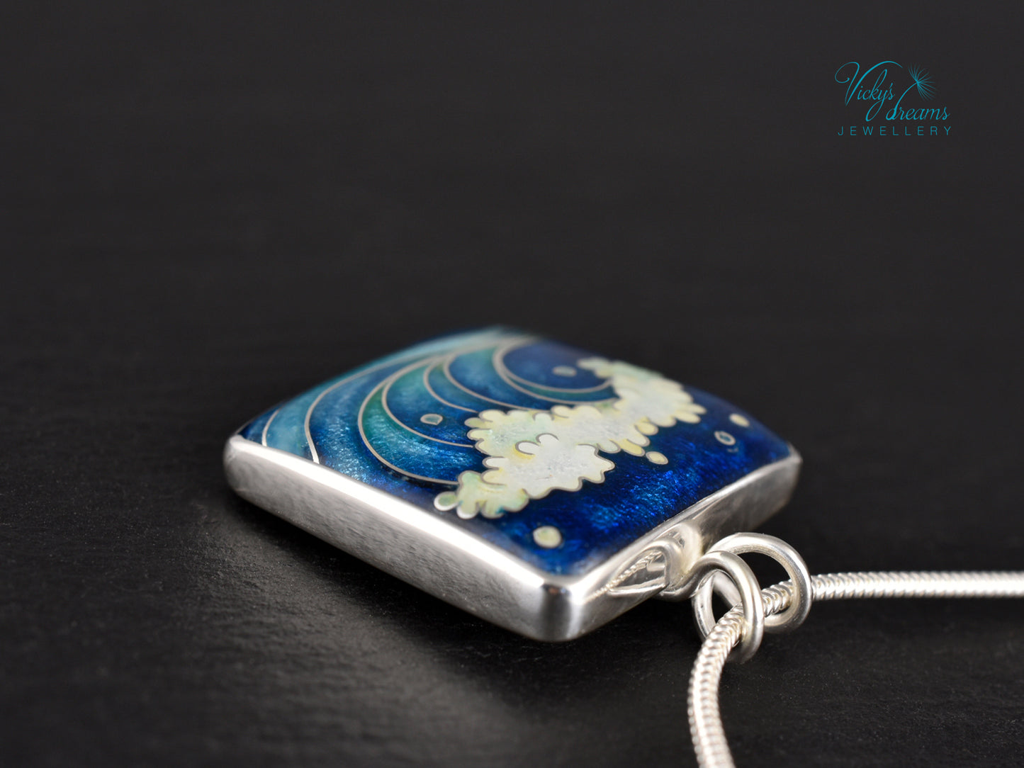 Voice of the Sea – Handcrafted Cloisonné Enamel Wave Pendant in Sterling Silver