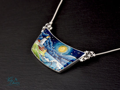 The Lightkeeper – Cloisonné Enamel Pendant with Lighthouse and Starry Sea