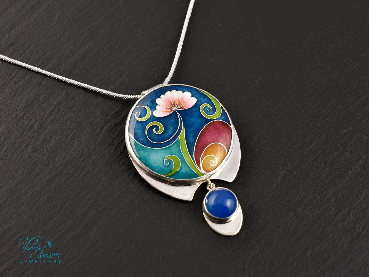 Boho flower Handmade Cloisonné Enamel Necklace – Vibrant Floral Design with Sterling Silver and Blue Agate