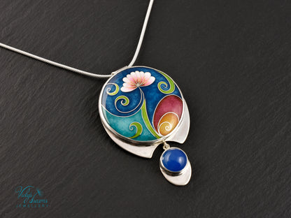 Boho flower Handmade Cloisonné Enamel Necklace – Vibrant Floral Design with Sterling Silver and Blue Agate
