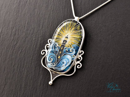 Handmade Cloisonné Enamel Pendant – Lighthouse in Ocean Waves – Symbolic Guiding Light Necklace