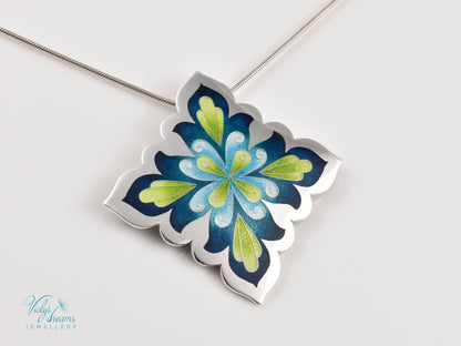 Vibrant Flower Mandala Necklace – Champlevé Enamel in Fine Silver