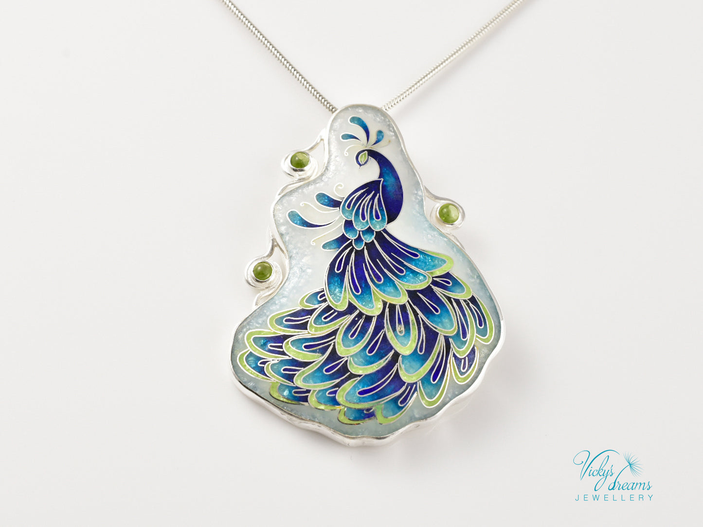 Handmade Cloisonné Enamel Peacock Necklace with Peridot – Symbol of Beauty & Protection, Sterling Silver