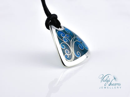 flower tendrills blue triangle, sterling silver pendant, cloisonne enameled jewelry