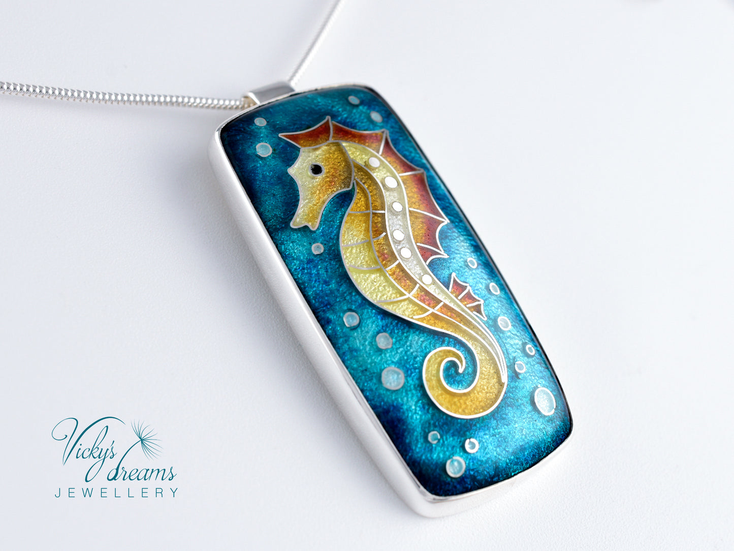 Vibrant colour seahorse, cloisonne enamel, silver necklace