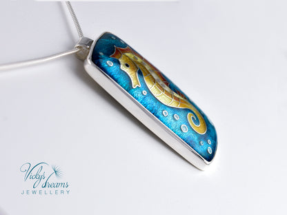 Vibrant colour seahorse, cloisonne enamel, silver necklace