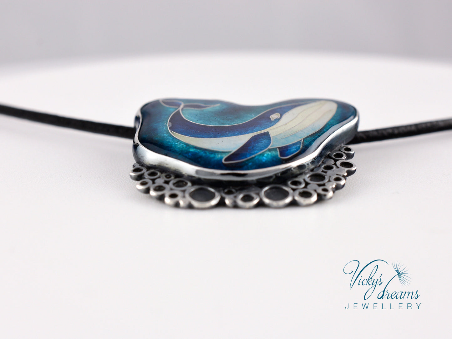 Whale in sea bubbles, sterling silver necklace, cloisonne enameled jewelry