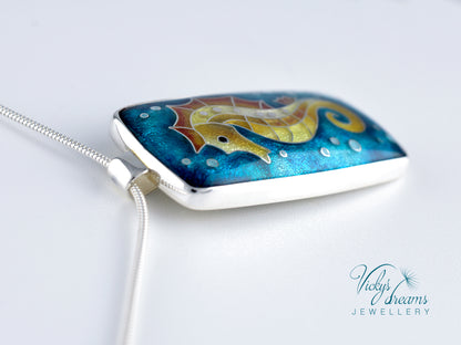 Vibrant colour seahorse, cloisonne enamel, silver necklace