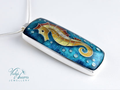 Vibrant colour seahorse, cloisonne enamel, silver necklace