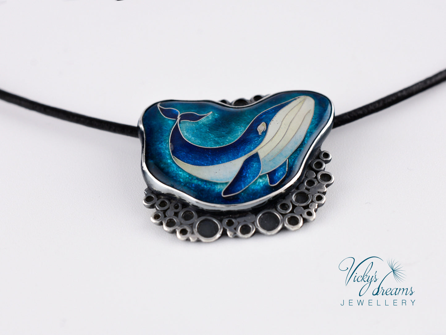 Whale in sea bubbles, sterling silver necklace, cloisonne enameled jewelry