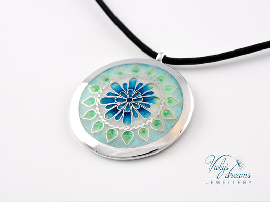 Mandala design - Cloisonné enamel, silver necklace