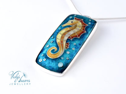 Vibrant colour seahorse, cloisonne enamel, silver necklace